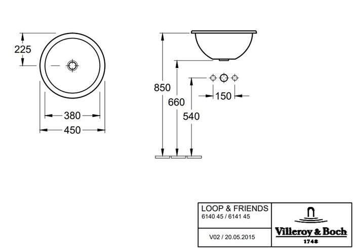 VILLEROY & BOCH LOOP & FRIENDS umyvadlo 45 cm, s přepadem, CeramicPlus, alpská bílá 614045R1 Technický nákres