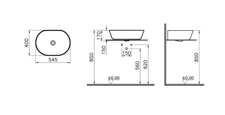 VITRA GEO umyvadlová mísa 55 cm, bez přepadu, VitrAhygiene, matná černá 7427B083-0016 Technický nákres