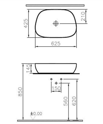 VITRA OUTLINE umyvadlová mísa 62,5 cm, bez přepadu, broušené, VitrAhygiene 5993B403-0016 Technický nákres