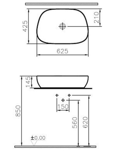 VITRA OUTLINE umyvadlová mísa 62,5 cm, bez přepadu, VitrAhygiene, VitrAclean, matná černá 5993B483-0016 Technický nákres