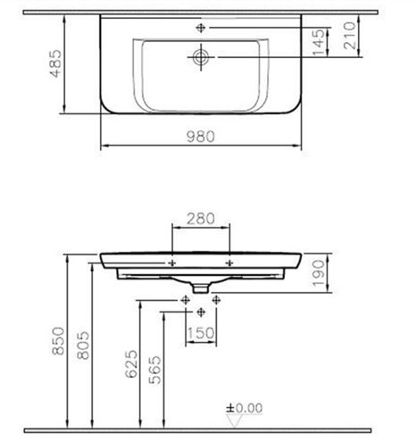 VITRA SENTO umyvadlo 98 cm, s otvorem pro baterii a přepadem, VitrAhygiene 5948B003-0001 Technický nákres