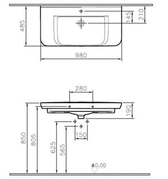 VITRA SENTO umyvadlo 98 cm, s otvorem pro baterii a přepadem, VitrAhygiene 5948B003-0001 Technický nákres