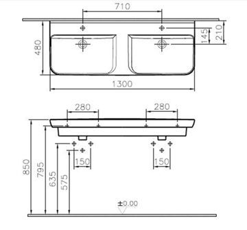 VITRA SENTO dvojumyvadlo 130 cm, se 2 otvory pro baterie a přepadem, VitrAhygiene 5949B003-0001 Technický nákres