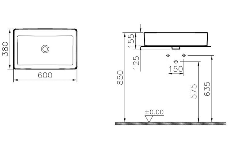 VITRA NUO umyvadlo na desku 60 cm, s přepadem, broušené 7434B003-0012 Technický nákres