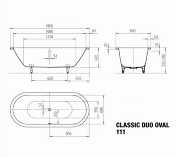 KALDEWEI CLASSIC DUO OVAL 111 vana 180x80 cm, pro 2 osoby, bez nožiček, smaltovaná ocel 291200010001 Technický nákres