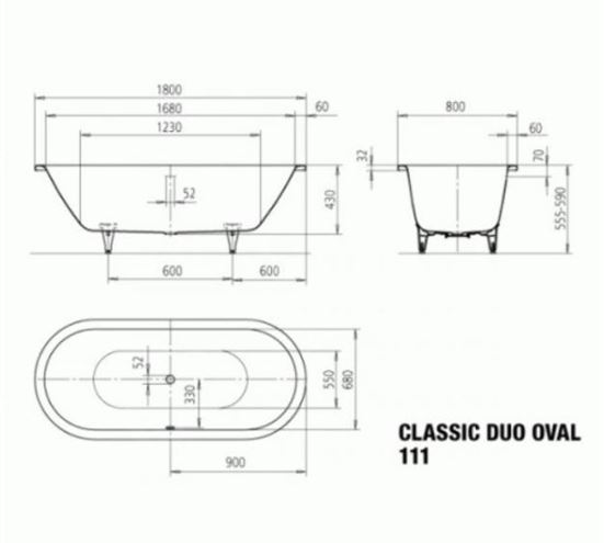 KALDEWEI CLASSIC DUO OVAL 111 vana 180x80 cm, pro 2 osoby, bez nožiček, smaltovaná ocel, Perl-Effekt 291200013001 Technický nákres