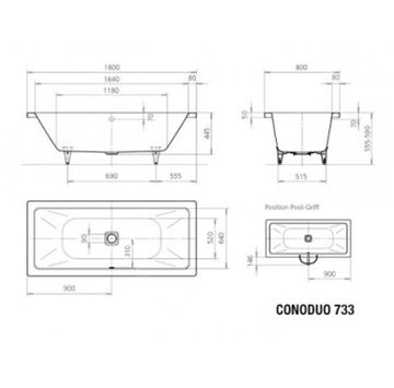 KALDEWEI CONODUO 733 vana 180x80 cm, pro 2 osoby, bez nožiček, smaltovaná ocel, antislip, Perl-Effekt 235134013001 Technický nákres