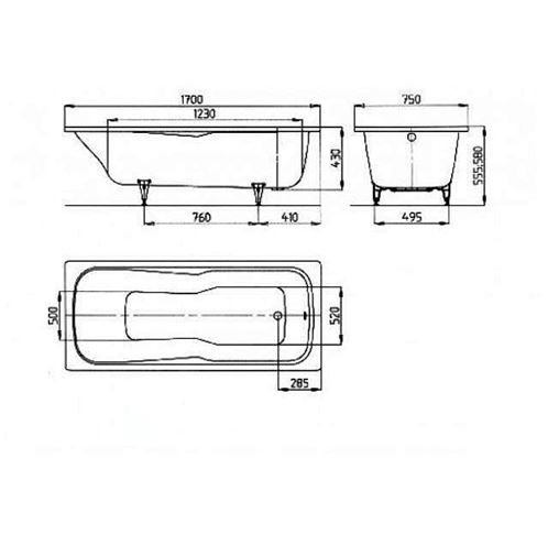 KALDEWEI DYNA SET 620 vana 170x75 cm, bez nožiček, smaltovaná ocel, Perl-Effekt 226100013001 Technický nákres