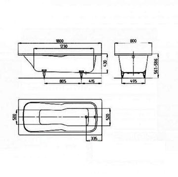KALDEWEI DYNA SET 622 vana 180x80 cm, bez nožiček, smaltovaná ocel, Perl-Effekt 226400013001 Technický nákres