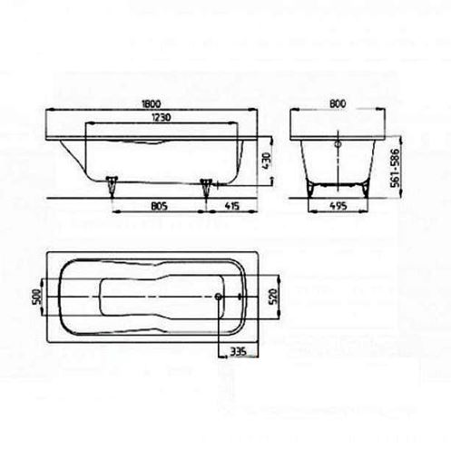 KALDEWEI DYNA SET 622 vana 180x80 cm, bez nožiček, smaltovaná ocel, Perl-Effekt 226400013001 Technický nákres