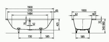KALDEWEI ASYMMETRIC DUO 744N vana 190x100 cm, pro 2 osoby, bez nožiček, smaltovaná ocel, Perl-Effekt 274423003001 Technický nákres