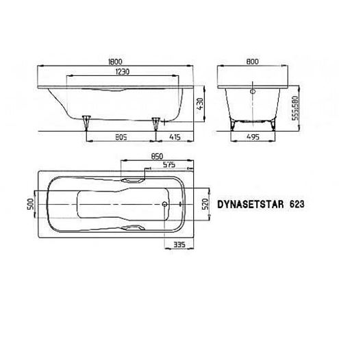 KALDEWEI DYNA SET STAR 623 vana 180x80 cm, bez nožiček, s otvory pro madla, smaltovaná ocel, Perl Effekt 226500013001 Technický nákres