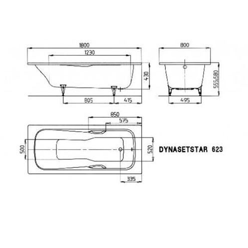 KALDEWEI DYNA SET STAR 623 vana 180x80 cm, bez nožiček, s otvory pro madla, smaltovaná ocel, antislip, Perl-Effekt 226530003001 Technický nákres