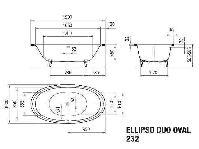 KALDEWEI ELLIPSO DUO OVAL 232 vana 190x100 cm, pro 2 osoby, bez nožiček, smaltovaná ocel, Perl-Effekt 286200013001 Technický nákres