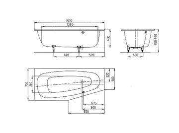 KALDEWEI MINI 830 rohová vana 157x75 cm, bez nožiček, smaltovaná ocel 224600010001 Technický nákres