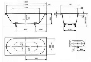 KALDEWEI CLASSIC DUO 109 vana 180x75 cm, pro 2 osoby, bez nožiček, smaltovaná ocel, Perl-Effekt 290900013001 Technický nákres