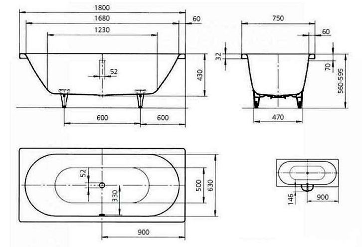 KALDEWEI CLASSIC DUO 109 vana 180x75 cm, pro 2 osoby, bez nožiček, smaltovaná ocel, Perl-Effekt 290900013001 Technický nákres