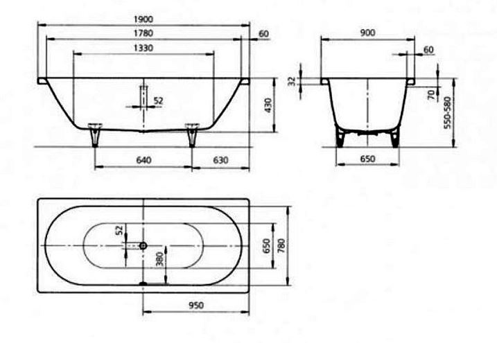 KALDEWEI CLASSIC DUO OVAL 111 vana 180x80 cm, pro 2 osoby, bez nožiček, smaltovaná ocel, antislip, Perl-Effekt 291234013001 Technický nákres