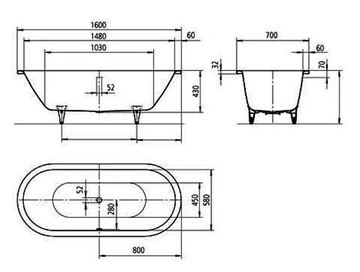 KALDEWEI CLASSIC DUO OVAL 112 vana 160x70 cm, pro 2 osoby, bez nožiček, smaltovaná ocel, Perl-Effekt 291300013001 Technický nákres