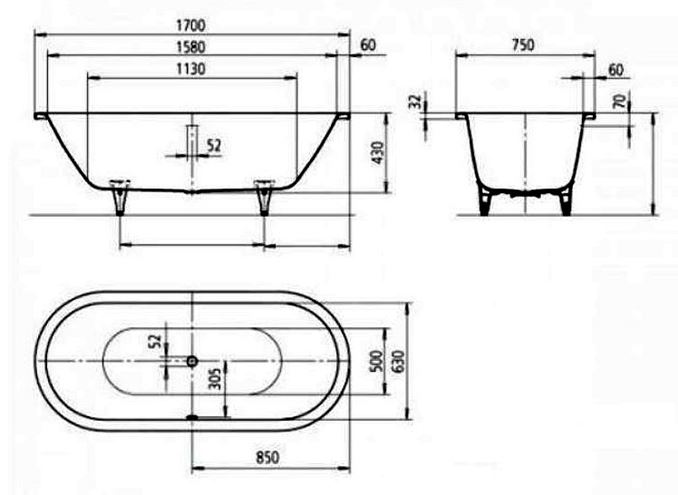 KALDEWEI CLASSIC DUO OVAL 113 vana 170x75 cm, pro 2 osoby, bez nožiček, smaltovaná ocel 291400010001 Technický nákres