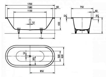 KALDEWEI CLASSIC DUO OVAL 113 vana 170x75 cm, pro 2 osoby, bez nožiček, smaltovaná ocel 291400010001 Technický nákres