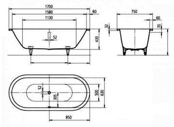 KALDEWEI CLASSIC DUO OVAL 113 vana 170x75 cm, pro 2 osoby, bez nožiček, smaltovaná ocel, Perl-Effekt 291400013001 Technický nákres