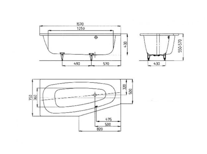KALDEWEI MINI 830 rohová vana 157x75 cm, bez nožiček, smaltovaná ocel, Perl-Effekt 224600013001 Technický nákres