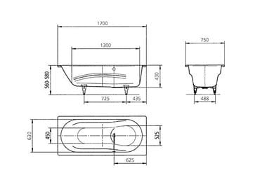 KALDEWEI VAIO SET 954 vana 170x75 cm, bez nožiček, smaltovaná ocel, antislip 233430000001 Technický nákres