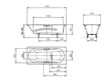 KALDEWEI VAIO SET STAR 955 vana 170x75 cm, bez nožiček, s otvory pro madla, smaltovaná ocel, antislip, Perl-Effekt 233534013001 Technický nákres