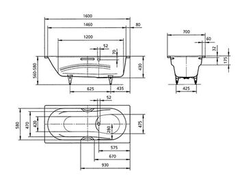 KALDEWEI VAIO SET STAR 957 vana 160x70 cm, bez nožiček, s otvory pro madla, smaltovaná ocel, Perl-Effekt 233700013001 Technický nákres