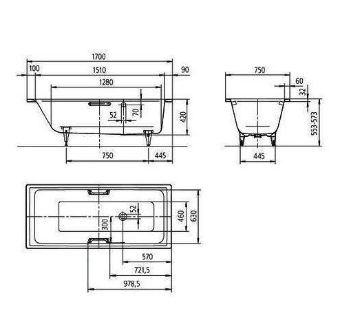 KALDEWEI PURO STAR 658N vana 170x75 cm, bez nožiček, s otvory pro madla, smaltovaná ocel, antislip 255827090001 Technický nákres