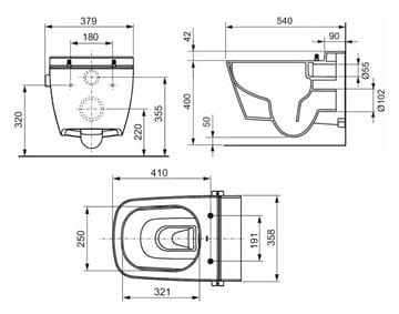 TECE ONE sprchovací WC, pro studenou vodu, Rimless 9700201 Technický nákres