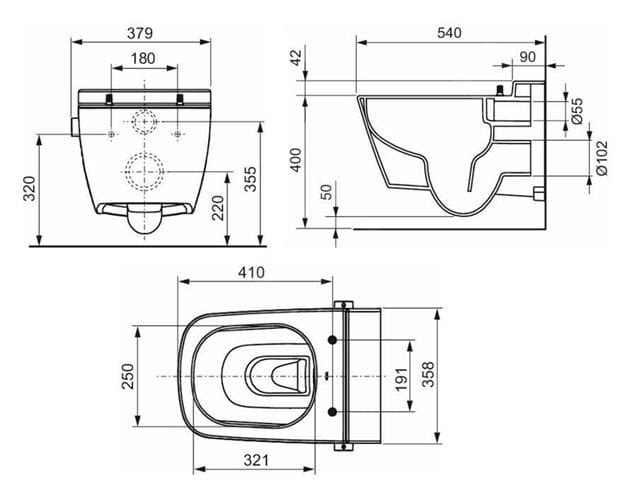 TECE ONE sprchovací WC, pro studenou vodu, Rimless 9700201 Technický nákres