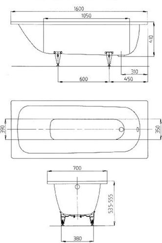 KALDEWEI SANIFORM PLUS 362-1 vana 160x70 cm, bez nožiček, smaltovaná ocel, antislip 111730000001 Technický nákres