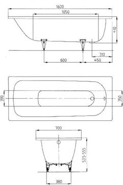 KALDEWEI SANIFORM PLUS 362-1 vana 160x70 cm, bez nožiček, smaltovaná ocel, antislip 111734010001 Technický nákres