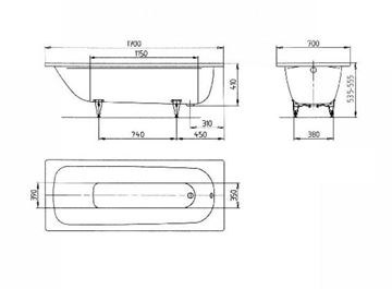 KALDEWEI SANIFORM PLUS 363-1 vana 170x70 cm, bez nožiček, smaltovaná ocel, antislip 111830000001 Technický nákres