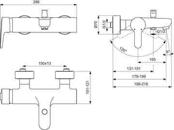 IDEAL STANDARD CONNECT BLUE vanová nástěnná baterie, s přepínačem, chrom B9921AA Technický nákres