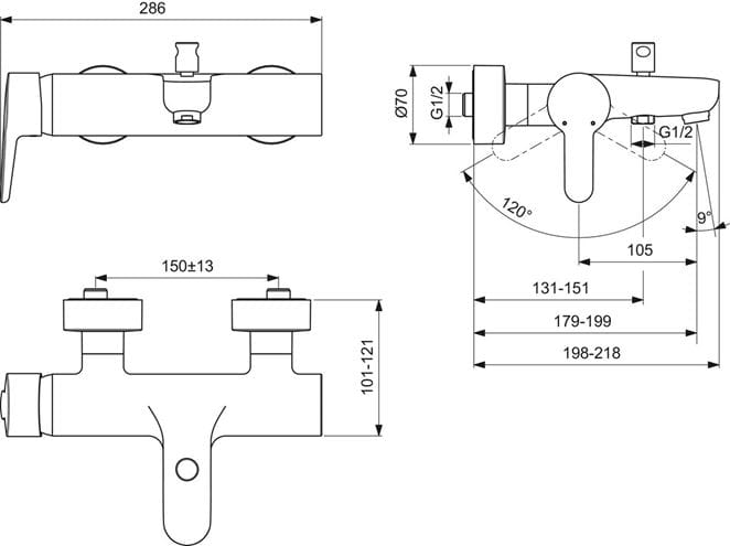IDEAL STANDARD CONNECT BLUE vanová nástěnná baterie, s přepínačem, chrom B9921AA Technický nákres