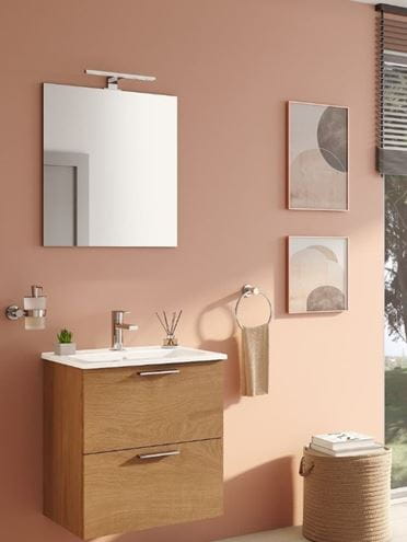 EASY PLUS skříňka s umyvadlem 59x39x61 cm, 2 zásuvky, se zrcadlem a s osvětlením, zlatý dub 67092 Obrázek - fotka