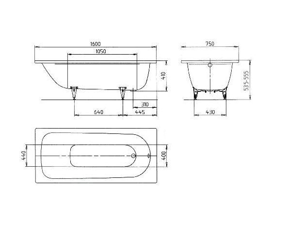 KALDEWEI SANIFORM PLUS 372-1 vana 160x75 cm, bez nožiček, smaltovaná ocel 112500010001 Technický nákres