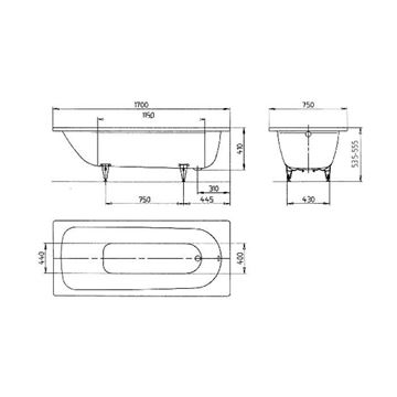 KALDEWEI SANIFORM PLUS 373-1 vana 170x75 cm, bez nožiček, smaltovaná ocel, antislip 112630000001 Technický nákres