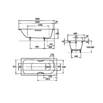 KALDEWEI SANIFORM PLUS 375-1 vana 180x80 cm, bez nožiček, smaltovaná ocel 112800010001 Technický nákres