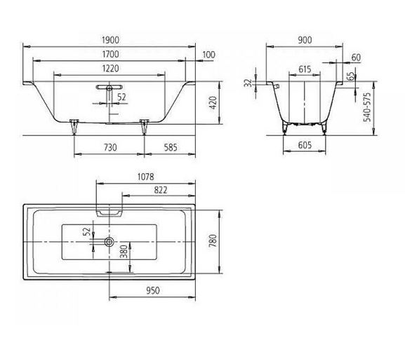 KALDEWEI PURO DUO 665G 190x90 cm, pro 2 osoby, bez nožiček, s otvory pro madlo, smaltovaná ocel 266510110001 Technický nákres