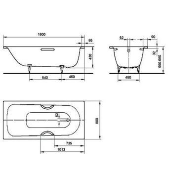 KALDEWEI SANIFORM PLUS STAR 337 vana 180x80 cm, bez nožiček, s otvory pro madla, smaltovaná ocel 133700010001 Technický nákres