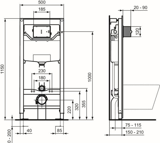 IDEAL STANDARD PROSYS montážní prvek pro WC 120 cm, se splachovací nádržkou R009467 Technický nákres