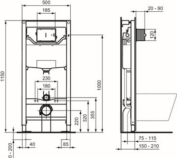 IDEAL STANDARD PROSYS montážní prvek pro WC 120 cm, se splachovací nádržkou R009467 Technický nákres