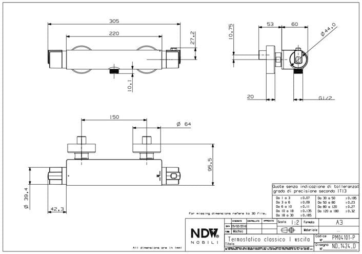 CONCEPT 100 sprchová nástěnná termostatická baterie, chrom PM04101/CO Technický nákres