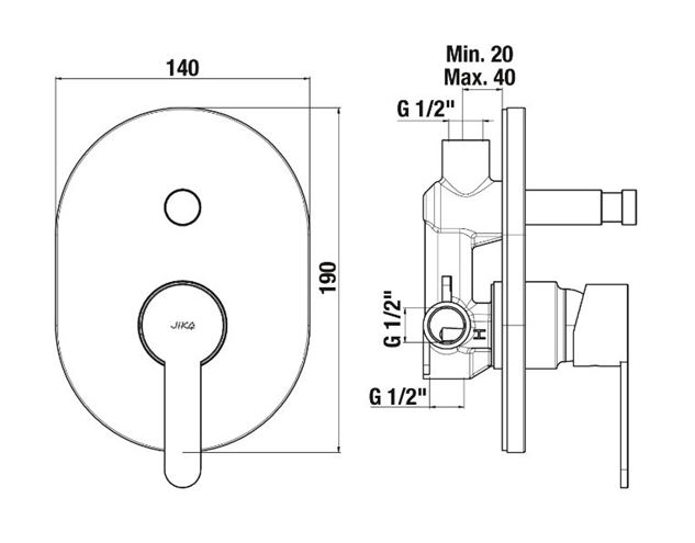 JIKA LYRA SMART vanová podomítková baterie, s přepínačem, s tělesem, chrom H3211Z60040001 Technický nákres