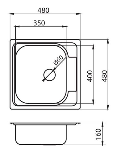 NOVASERVIS nerezový dřez 480x480 mm DR48/48 Technický nákres