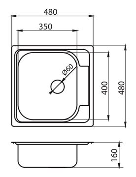 NOVASERVIS nerezový dřez 480x480 mm DR48/48 Technický nákres